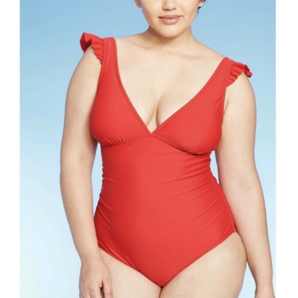 Kona Sol Red Ruffle Deep V'Neck Padded High Coverage One Piece Swimsuit Size XL